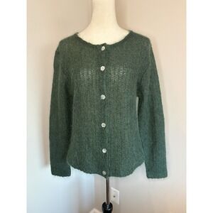 VTG Studio Works Petite Large Green Mohair Cardigan Sweater Fuzzy Open Knit PL